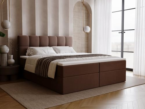 GRAINGOLD Maison Bett 140x200, Boxspringbett mit Bettkasten, Polsterbett mit Bonell-Matratze, Samt Stoff, mit Topper, mit Kopfteil (Braun, 140x200)