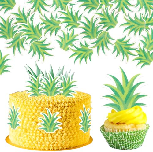 60 Stück Essbare Ananas Tortendeko Tropisches Aloha Luau Kuchen Deko Ananas Blatt Cupcake Toppers für Tropisches Hawaii Thema Baby Dusche Jungen Mädchen Geburtstag Party Cupcake Dekorationen Grün