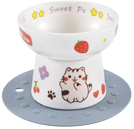 4.8 inch Ceramic elevated cat bowl with anti slip pad cat food container dish raised cat patternbowls with stand candy color cute (White)