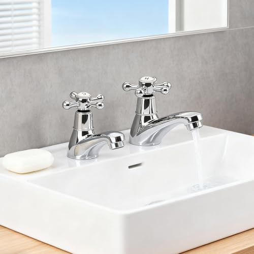 Juego de 2 grifos de pilar para lavabo, agua caliente y fría, con palanca cruzada, 2 unidades