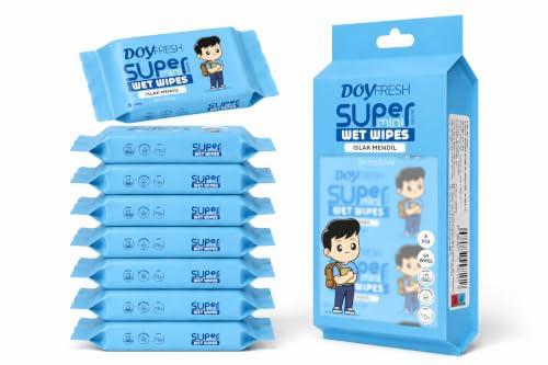 Super Mini Wet Wipes Travel Size, Sensitive Portable Travel Wipes - Hand and Face Wipes for Adults, Kids & Baby Care, 8 Pack Total 64 Wipes (Blue, Pack of 8)