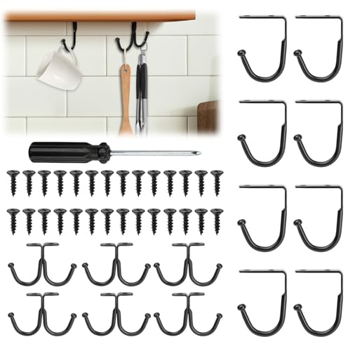 14 Pcs Mug Hooks Under Shelf,Black Cup Hooks Screw In,Metal Mug Holder Under Cupboard Cup Organiser Holder for Kitchen Utensils,Coffee Tea Cups,Pots Pans,Coat Hat Tie,Planters (8 Single + 6 Double)