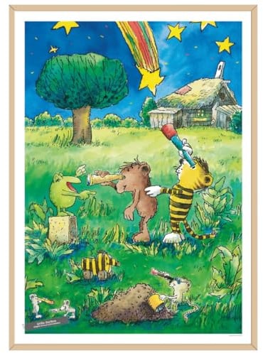 Janosch Poster – Die Astronomen | Tiger & Bär auf Sternenreise 30x40cm | Janosch Wandbild Kinderzimmer als Geschenk zur Taufe Geburt oder Einschulung | ohne Rahmen | Maße 30x40 cm