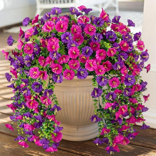 4 Stück Hängepflanze Künstlich Kunstblumen Hängend Petunien Seidenblumen | Künstliche Blumen wie Echt Balkonpflanzen Outdoor Wetterfest Fake Blumenstrauß Hängepflanzen Hause Garten Veranda Deko