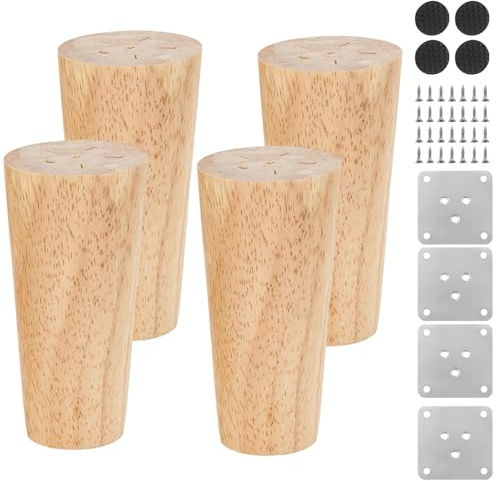 HSUYUN 4 Pièces Pieds de Meubles, Pied de Table Bois avec Tapis Antidérapant, 10 cm Pieds Meuble, avec Plaque de Montage et Vis, Adapté aux Canapés, Tables et Armoires