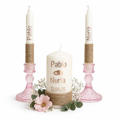 Ritual de la Luz para Boda Personalizado – Velón Central y 2 Velas de Candelabro con Nombres – Incluye 2 Candelabros de Cristal – Ceremonia de Unión Matrimonial