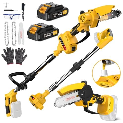 Lmozim 2 EN 1 Tronçonneuse à Batterie & Elagueuse sur Perche sans Fil Mini Tronconneuse Télescopique avec 2 Batteries Coupe Branche Electrique avec Système de Lubrification Tête Pivotante pour Jardin