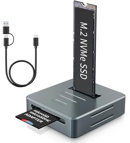 Aluminum M.2 NVMe SSD Enclosure Docking Station, 10Gbps USB-C/USB-A to NVMe M.2 Reader, Tool-Free M-Key/B+M Key PCIe SSD Adapter with SD Card Reader for Data Cloning and Backup (Fits 2230-22110)