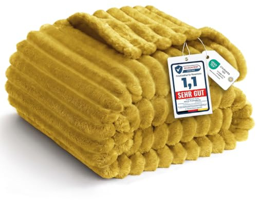 WAVVE Kuscheldecke Flauschig Decke - 150x200cm - Gelb - Weiche Flanell Fleecedecke, Sofadecke & Couchdecke, Warme Korddecke für Wohnzimmer Deko, Sofaüberwurf Tagesdecke