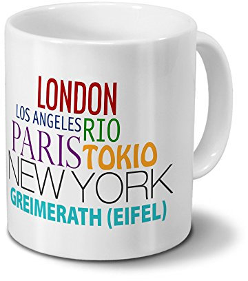 Städtetasse Greimerath (Eifel) - Design Famous Cities of the World - Stadt-Tasse, Kaffeebecher, City-Mug, Becher, Kaffeetasse - Farbe Weiß