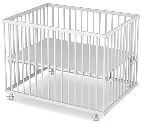 Sämann Laufstall Baby 75x100 cm | TÜV geprüft 2023 | stufenlos höhenverstellbar | Laufgitter Premium | Babybett aus Holz | Krabbelgitter Komplettset weiß
