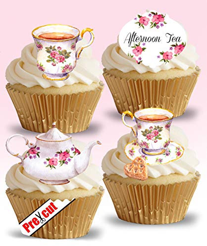 Pre-Cut Tea Time Vintage Tea Party Edible Wafer/Rice Paper Cupcake Cake Dessert Toppers Birthday Party Mother's Day Decorations