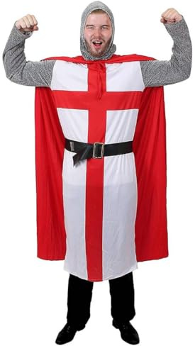 Adults Medieval Crusader Knight - England Flag Tunic, Red Cape, Chainmail-Look Headpiece, Belt - Mens Lionheart King Arthur St Georges Day Fancy Dress Costume
