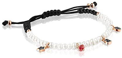 TOUS Pulsera de Cordón Negro para Mujer con Perlas Cultivadas y Motivo de Estrella, Oso, Espinela y Rubí, en Baño de Oro 18Kt sobre Plata, 23 cm de Largo, Joven y Chic, Colección Motif
