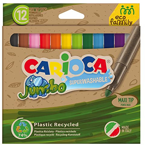 Carioca Jumbo Eco Family Marker | Super waschbare Marker aus recyceltem Kunststoff für Kinder, Set Maxi-Spitze in Box, 12 Stück