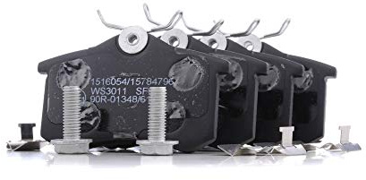 RIDEX 402B1389 Juego para eje Juego de pastillas de freno Trasero con accesorios con muelle con tornillos pinza freno con chapa antichirrido Compatible con VW Polo V Hatchback 6R1, 6C1