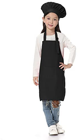 TopTie Juego de delantal para niños de lona de algodón, delantales de cocina y gorro de chef, S-XXL