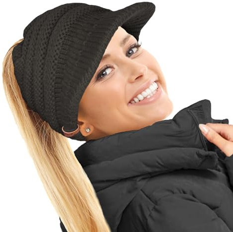 TOSKATOK Damen Frauen Slouchy Peaked Pferdeschwanz Messy Bun Strickmütze Schirmmütze Cap