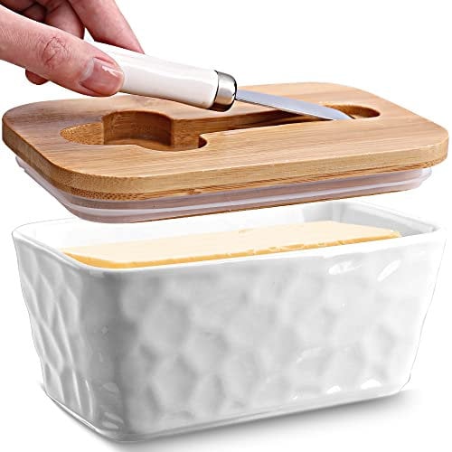AISBUGUR Butter Dish Ceramic Butter Dish with Lid Porcelain Butter Container with Knife and Lid Upgrade Airtight Large Butter Box Unique Stone Pattern White