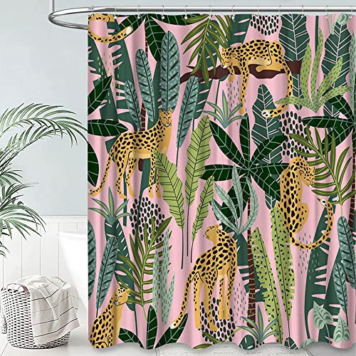 FGYGYK Rideau de douche motif léopard rose, animal sauvage, léopard, guépard, tigre, feuille de palmier tropicale, jungle, forêt tropicale, plante tropicale, bohème, rideaux en polyester, décoration