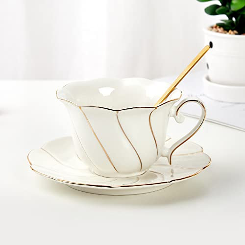 DUJUST 3-teiliges Porzellan-Teetassen- und Untertassen-Set mit Teelöffel, luxuriöses Tee-/Kaffeetassen-Set im britischen Stil mit goldenem Rand, schönes Tee-Set für Wohnzimmerdekoration und Teeparty