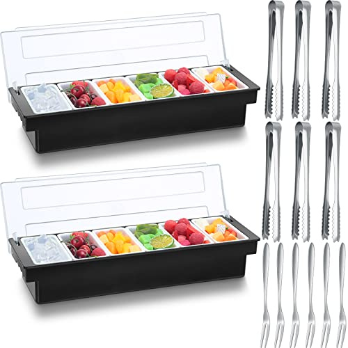 Gandeer 2 Ice Cooled Garnish Tray Deck Bar Garnish Caddy Condiment Containers with Lids and Removable Chilled Condiment Server with 6 Tongs and 6 Fruit Forks (6 Compartments)