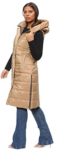 Parsa Fashions WOMENS LADIES LONG LINE HOODED PUFFER GILET JACKET COAT PADDED VEST TOP BODY WARMER Sizes Small to 3XL (as8, alpha, one_size, regular, regular, Beige, 2XL)