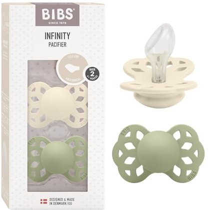 BIBS Infinity Anatomischer Schnuller Zweierpackung, bisphenol-A frei, anatomischer Silikonsauger, Kiefergerechte Form. Silikon, 6-18 Monate (2er Pack), Ivory/Sage