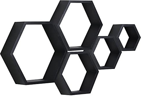 PHOENANCEE Hexagon Wandregal, Wohnzimmer Deko Wand, Holz Hängeregal für Schlafzimmer, 5er-Set(Schwarz)