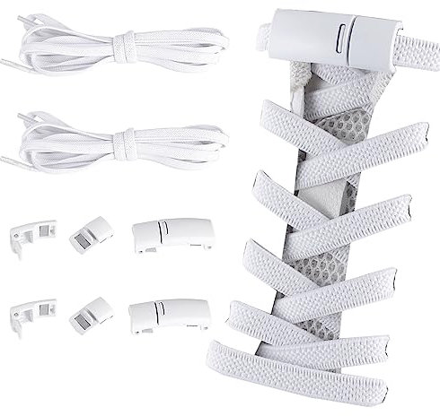 XWCHASA 110cm No Tie Elastic Shoelaces, 2 Pairs Flat Shoelaces with Metal Buckles, Shoelaces Replacement, Tieless Laces Elastic for All Shoes(White)