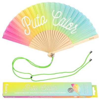 Fisura - Origineller Handfächer mit Botschaft p*to calor. Moderner und lustiger Holzfächer. Mehrfarbiger Regenbogenfächer. Leuchtet im Dunkeln. Maße: 42,5 x 23 cm. Holz und Textil.