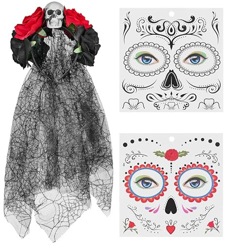 Balinco Dia de los Muertos Kostüm Set Damen, Tag der Toten Haarreif mit Totenkopf, Rosen, Schleier und temporäre Gesicht Tattoo, Rot, Schwarz, Halloween, Karneval
