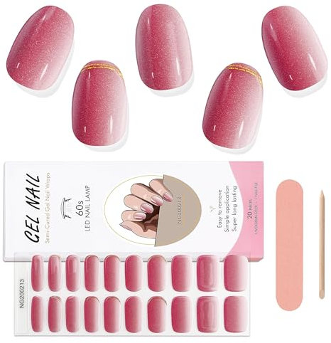 EBANKU 20PCS Gel Nail Stickers, Holy Pink Gel Nail Strips Long Lasting Gel Strips for Nails UV Gel Nail Stickers with Nail File & Wooden Stick for Women Manicure