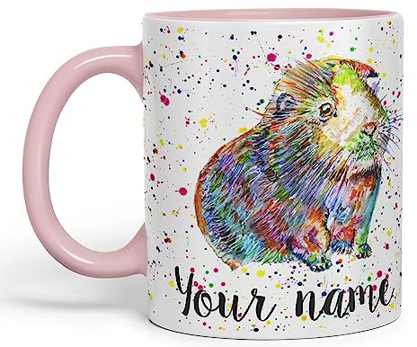 Vixar Personalised with Your Text Guinea Pig Short Haired Pet Watercolour Art Coloured Ceramic Mug Cup Gift 330ml 11oz Custom Work Office Tea Coffee (Pink)