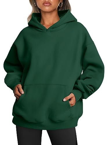 Trendy Queen Damen-Kapuzenpullover, übergroß, Fleece, langärmelig, Pullover, Herbst-Outfits mit Tasche, Dunkelgrün, S