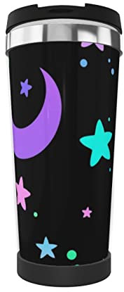 FJAUOQ New Moon and Stars Kaffeebecher, Edelstahl, doppelt vakuumisoliert, auslaufsicher, mit Deckel, geeignet für heißen, kalten Kaffee, Tee, Bier