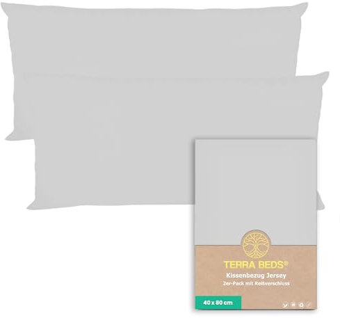 Terra Beds Kissenbezug 40 x 80 (Set mit 2) - 100% Baumwolle Jersey 160 g/m², Oeko-Tex Zertifiziert - Kopfkissenbezug 40x80 für Kissen 40x80 mit Reißverschluss, weich und atmungsaktiv - (Silber Grau)