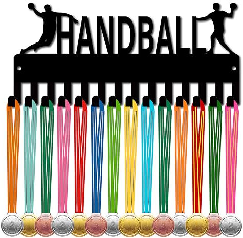 CREATCABIN Handball-Medaillenhalter,Medaillenaufhänger,Präsentationsständer,Sport,Metall,Aufhängen,Auszeichnungen,Eisen,Kleine Halterung,Mit 14 Haken Für Fußball,Gymnastik,Schwimmen,Schwarz,29x13cm
