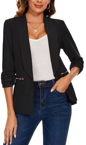 Blazer for Women Casual Lapel Suit Open Front Ruched Sleeve Jacket,Black XL