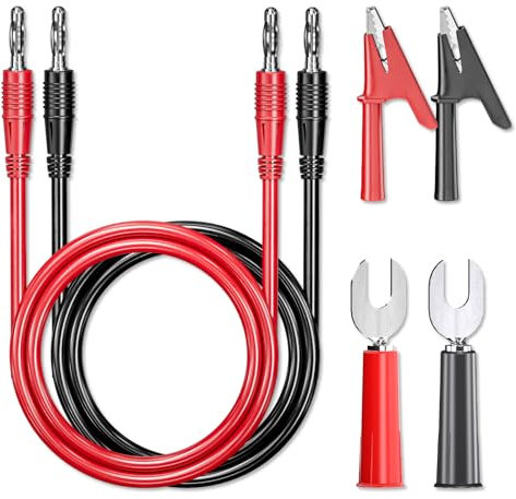 Cleqee 6 connettori a banana da 4 mm su spina a banana, cavo flessibile, con morsetti a coccodrillo, spine per multimetro, test elettrico, 1000 V, 15 A, rosso e nero