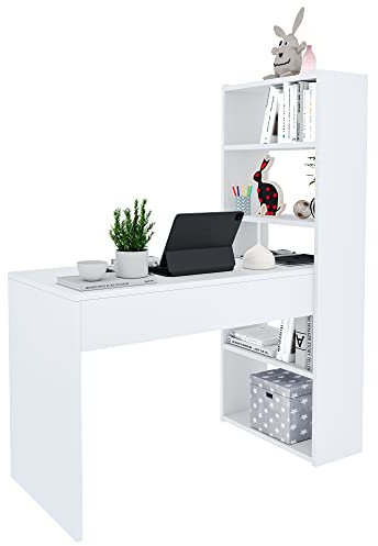 Arreditaly Scrivania Con Libreria Reversibile Scrittoio Con Scaffali Laterali Mobile Desk da Cameretta Ufficio Soggiorno Sala Da Pranzo Design Kirkensen Moderno 120 x 144 x 53 Cm Bianco