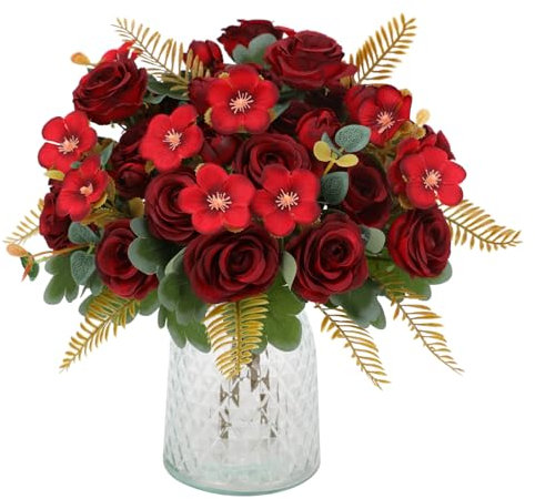 Floralsecret Bouquet di 4 mazzi di rose artificiali rosse in seta sintetica per San Valentino, matrimoni, addio al nubilato, decorazioni per la casa e il giardino