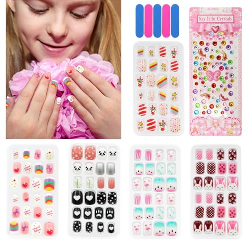 Scettar 120 Pcs Kids False Nails, Press On Nails for Girls - Pre-glued Fake Nail Stickers for DIY Nail Art Decor - 5 Boxes with Diamond Face Sticker Decoration