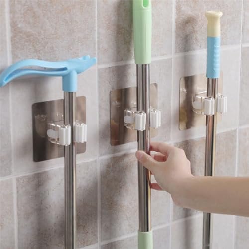 Navoys 2pc Self Adhesive Mop & Broom Holder Wall Mounted, Kitchen, Bathroom or Garage Clip Wall Storage Organiser Easy Installation No Drilling Required White
