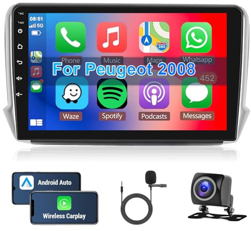 Hodozzy Android Autoradio für Peugeot 208/2008 2012-2018 Wireless Carplay Android Auto,10 Zoll Touchscreen Radio Bluetooth HiFi Navi WiFi RDS Rückfahrkamera 2 Din Android Bildschirm für Peugeot