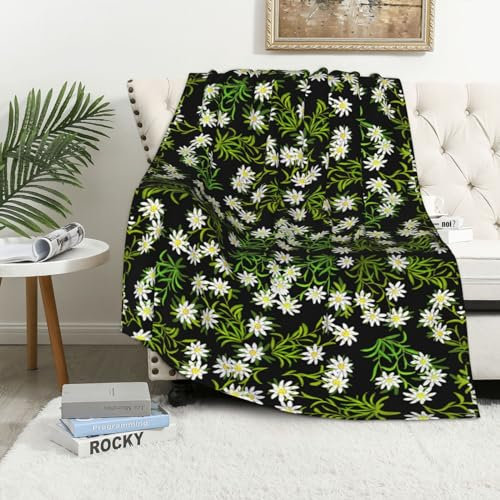 EgoMed Decke, weiche Decke, Flanelldecke für Schlafzimmer, Sofa, Bettwäsche 152 x 102 cm,Schweizer Alpen-Edelweiß-Blumen
