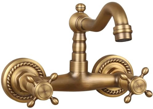 HomeLava 360° Drehbar Wandarmatur Küchenarmatur Wandmontage Messing Antik Zwei Griff Spültischarmatur Waschtischarmatur Mischbatterie mit Zweigriff, Bronze