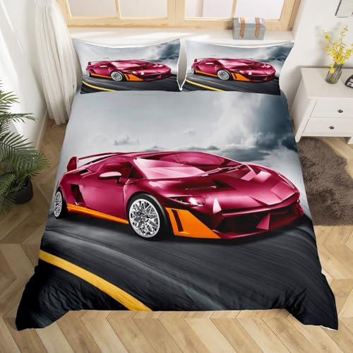 Homewish Housse de Couette 220x240 Voiture de Course, Parure de Lit Voiture de Course Sets de Housses de Couettes Sports Extrêmes, Couvre Lit Voiture de Course de Vitesse, Rose Antique Gris