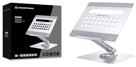 Conceptronic DONN27G Laptopständer mit 7-in-1-Dockingstation, 360° drehbarer Sockel, zusammenklappbar, höhenverstellbar