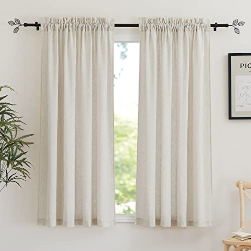 RYB HOME Gardinen Leinenoptik Halbtransparent Wohnzimmer Vorhänge Kurz 2er Set H 160 x B 140 cm Leinenvorhang im Landhausstil Küche Gardinen mit Stangedurchzug Vorhang Leinen, Beige